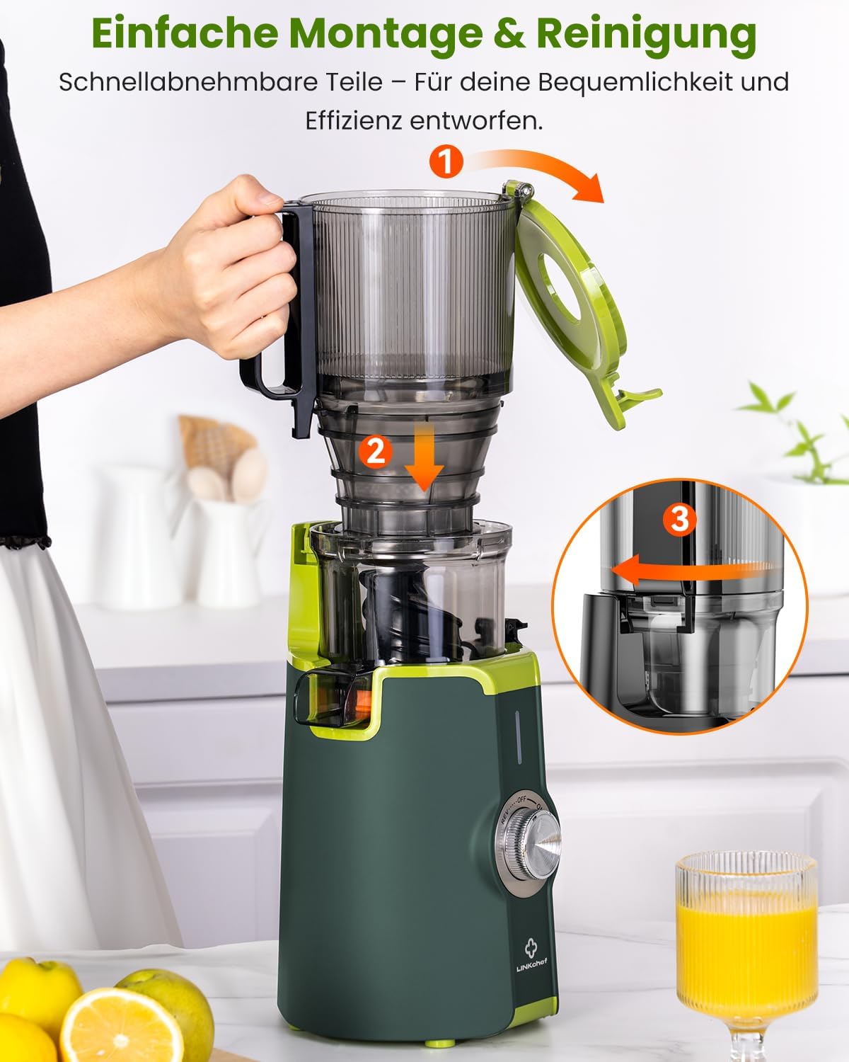 LINKChef Slow Juicer, Entsafter Gemüse und Obst, Testsieger mit 115 mm großem Entsafter, Kaltentsafter für ganze Früchte/Gemüse, Blitzreiniger, einfache Installation, BPA-frei, 200 W, Grün – Bild 7