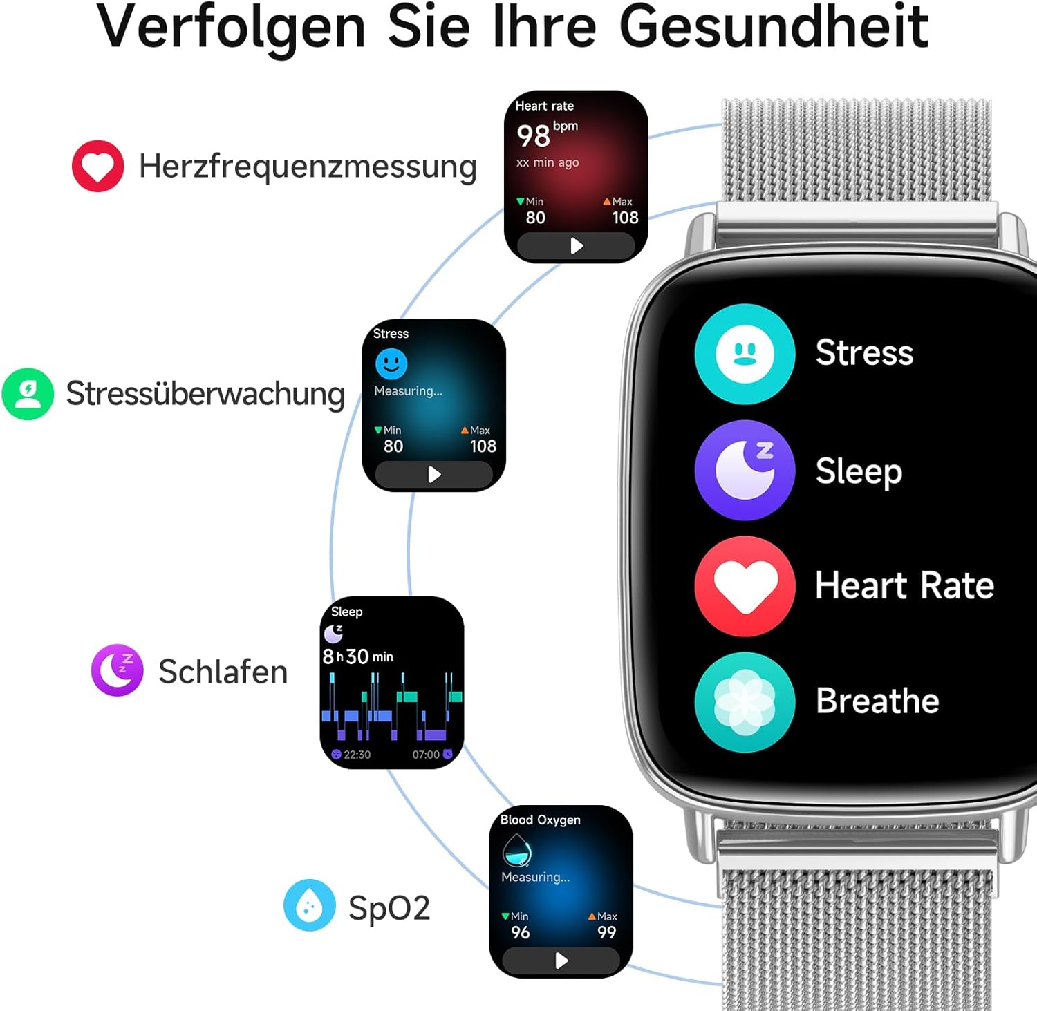 Smartwatch Herren Damen mit Telefonfunktion, 1,85 Zoll HD-Uhren mit Herzfrequenz-Schlafmonitor SpO2 Schrittzähler, 110+ Sportmodi Fitnessuhr, IP68 wasserdichte Smartwatch kompatibel mit iOS/Samsung/Android – Bild 3