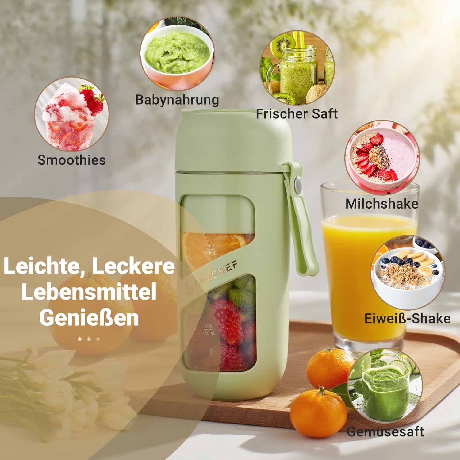 AMZCHEF Smoothie Maker To Go – Antioxidativer Vakuum-Flaschenmixer mit 10 Klingen für frischen Saft, Smoothie und Shake – tragbarer Mini-Mixer für Sport, Reisen – Grün – Bild 10