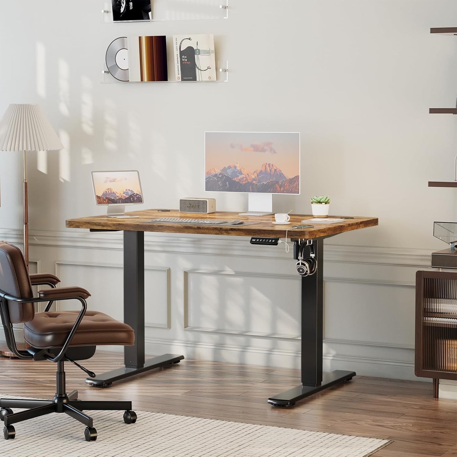 JUMMICO Höhenverstellbarer elektrischer Schreibtisch 100 x 60 cm mit USB-Ladeanschluss, höhenverstellbar, ergonomischer Stehsitztisch, braun – Bild 2