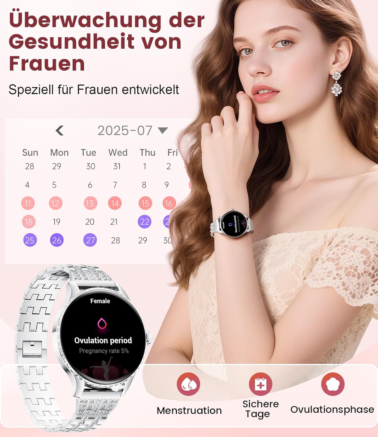 Damen-Smartwatch – luxuriöses Metallarmband mit Strasssteinen/1,32 Zoll HD AMOLED-Display/270+ Zifferblätter, Fitnessuhr mit über 110 Sportmodi, Schlaf-Tracking, Telefonfunktion, Uhr für iOS Android – Bild 7