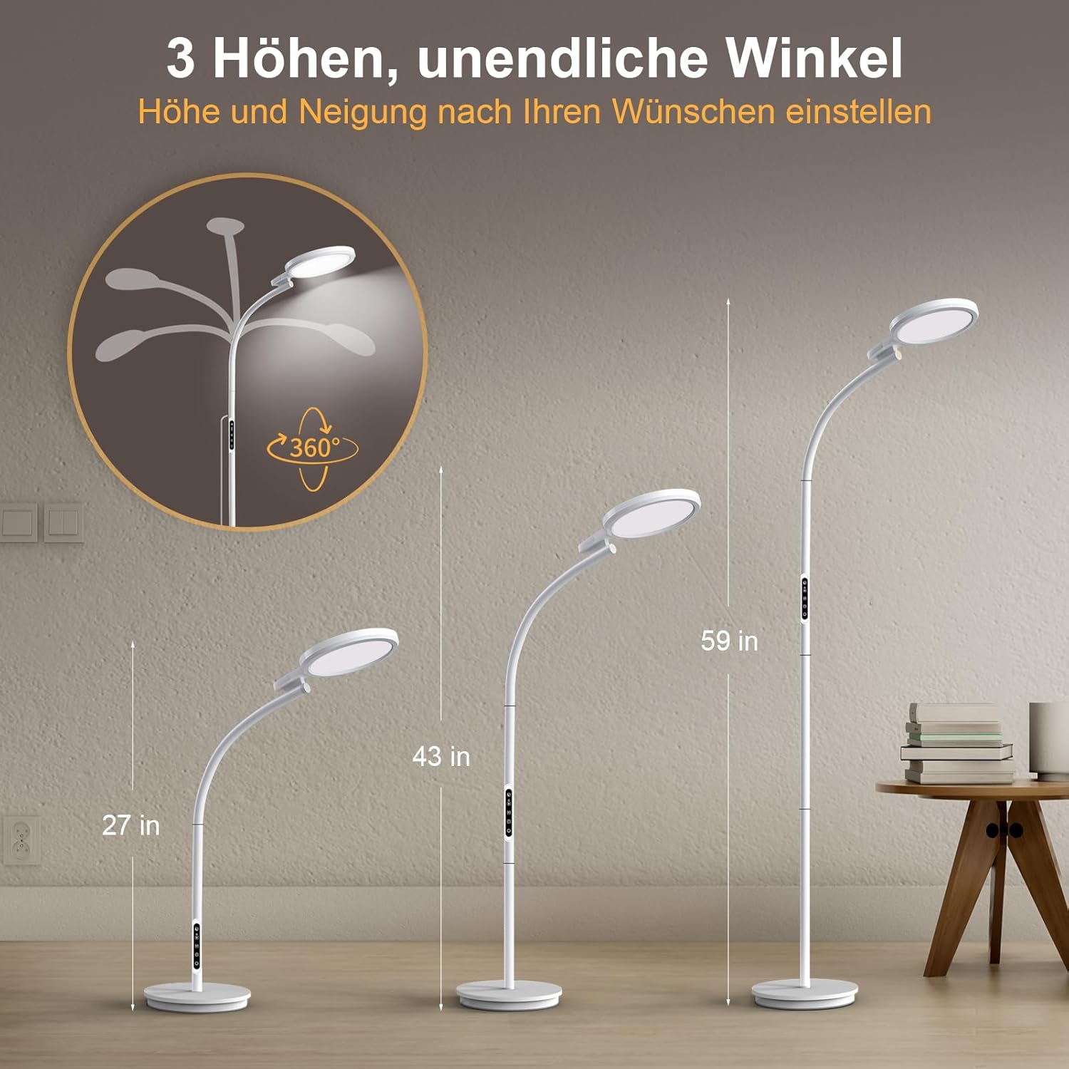 Tageslichtlampe Stehlampe 10000 Lux, 3-in-1 UV-freie Lichttherapielampe mit Touch-Steuerung und Fernbedienung, 5 Farben & 5 Helligkeitsstufen Sonnenlichtlampe für Büro/Zuhause – Bild 8