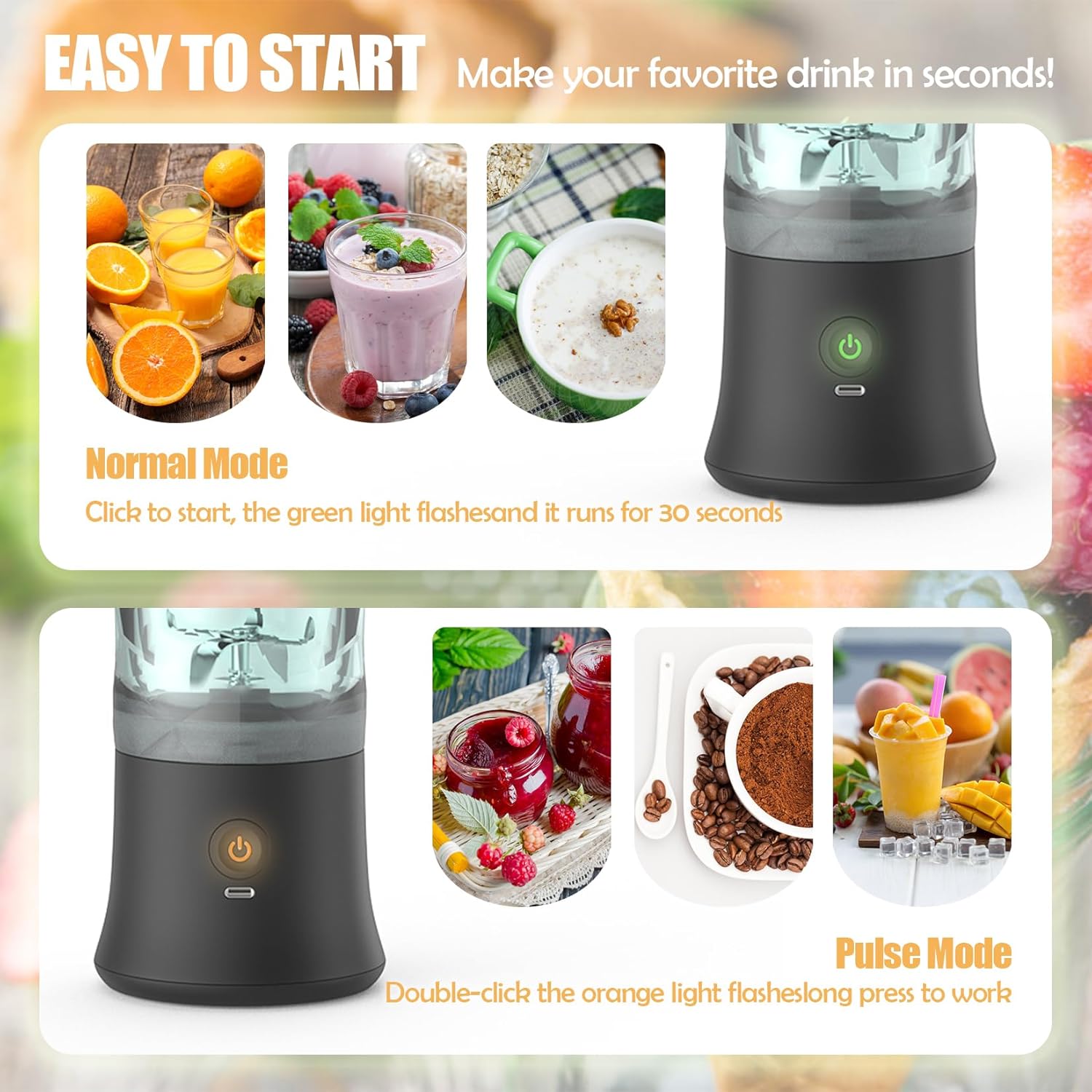 Idota Tragbarer Mixer 600 ml, Mini-Mixer Smoothie Maker mit 6 Klingen, USB wiederaufladbarer tragbarer Mixer für Fitnessstudio, Büro, Camping und Reisen, Schwarz – Bild 4