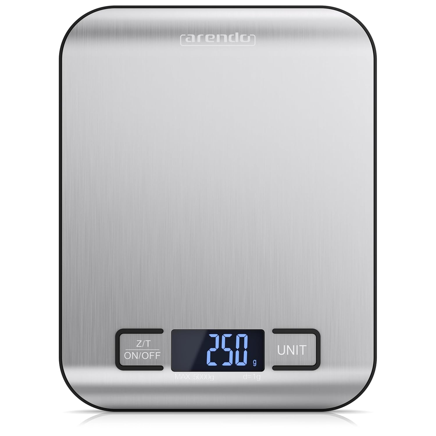 Arendo – Digitale Küchenwaage aus Edelstahl – max. 5 kg – LCD-Display – Tara-Wiegefunktion – Messgenauigkeit 1 g – Display mit LCD-Anzeige – g, lb:oz, oz, ml