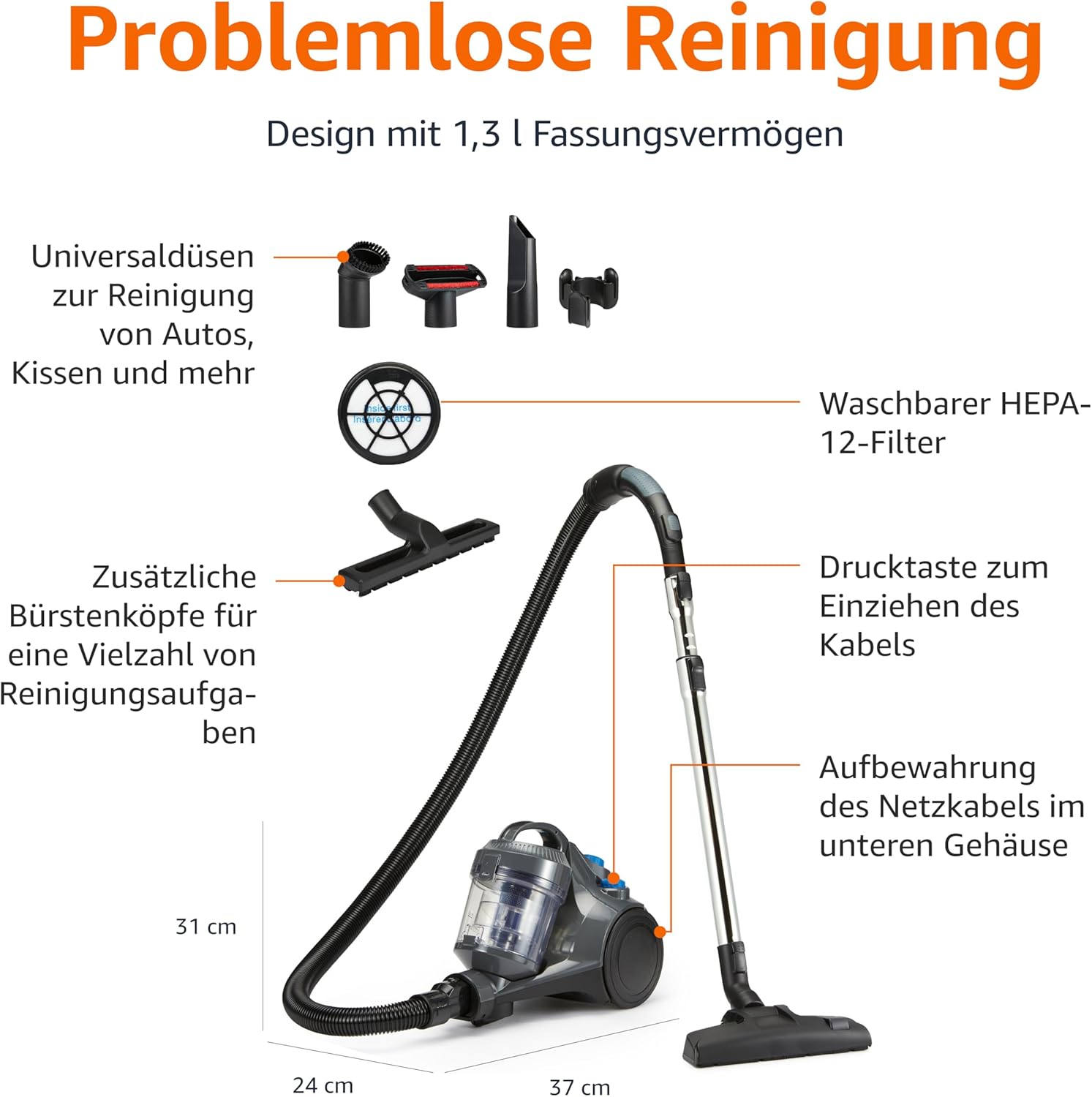 Amazon Basics Staubsauger ohne Beutel, 1,3 l, kompakt, leicht, mit Dreifach-Aktionsdüse, HEPA-Filter, 850 W, für Teppiche und Hartböden, Grau – Bild 2