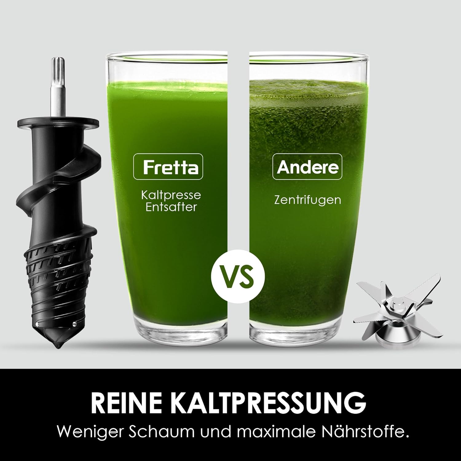 Fretta Slow Juicer Entsafter Gemüse und Obst Gemüse Testsieger 76mm Öffnung Obstpresse Elektrischer Entsafter Äpfel Sellerie Entsafter Maschine Kauende Gemüsepresse BPA-frei (Edelstahl) – Bild 7