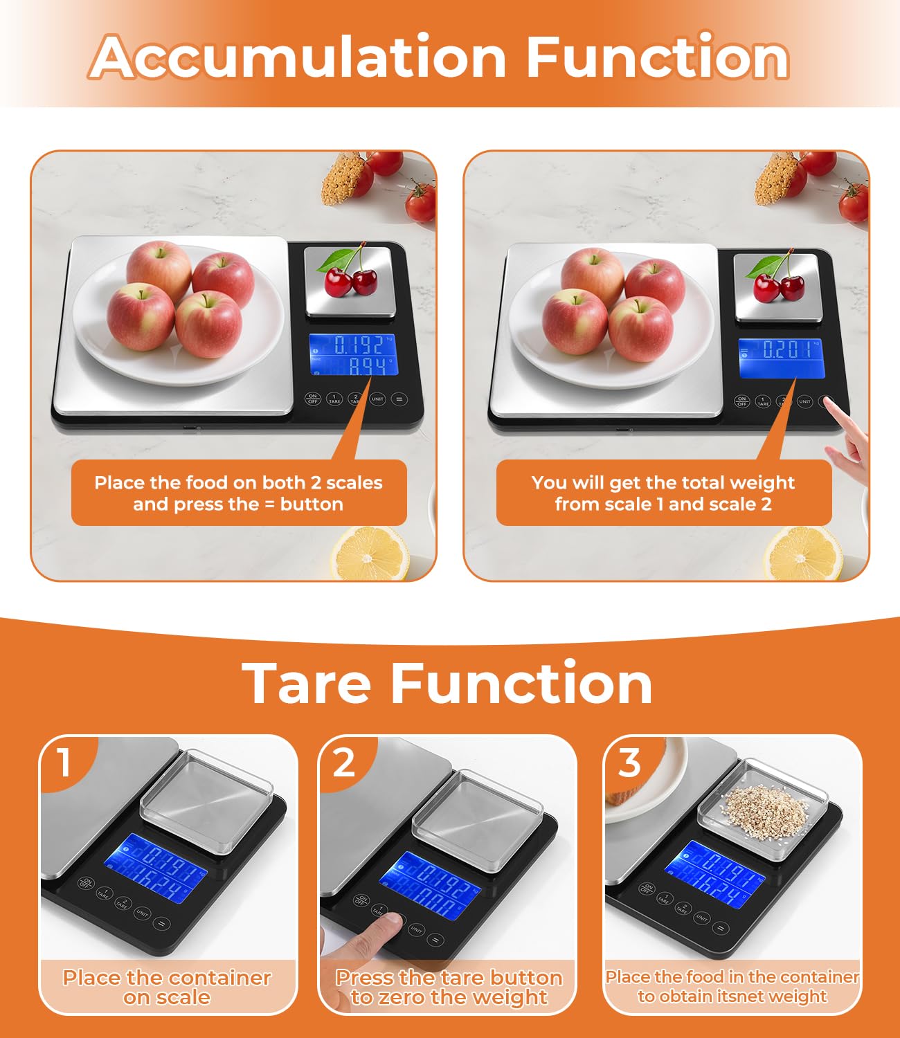 Doppelplattform-Digitalwaage (10 kg/1 g & 500 g/0,01 g), USB-Aufladung und Batteriebetrieb, Edelstahl, Tara-Funktion, LCD-Display, 7 Gewichtseinheiten, ideal zum Backen und Kochen – Bild 4