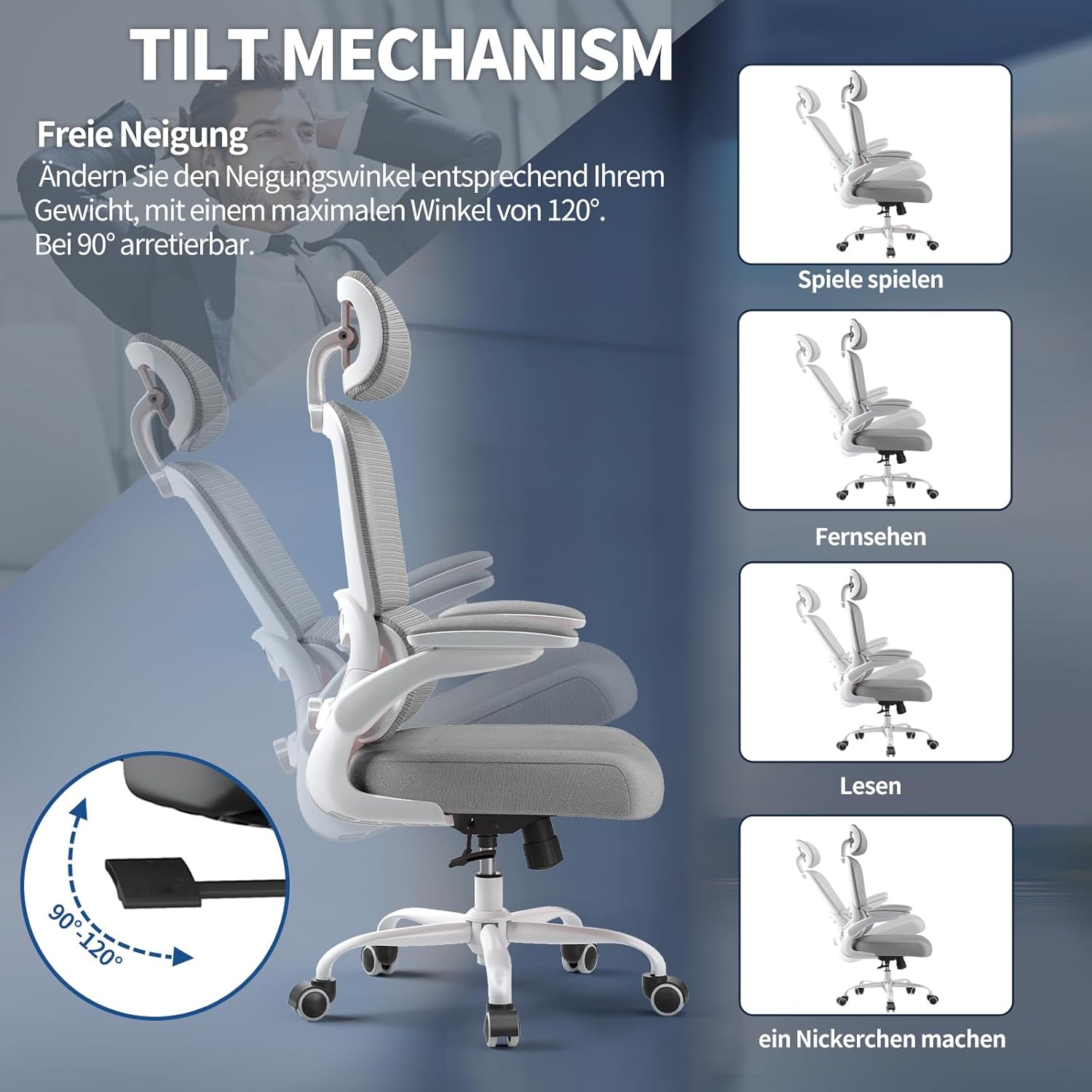 TRALT Ergonomischer Bürostuhl mit verstellbarer Lendenwirbelstütze, Kopfstütze, Gaming-Stuhl, Bürostuhl, Schreibtischstuhl, Heimbürostuhl, ergonomisch, 150 kg, für große Menschen, Grau – Bild 6