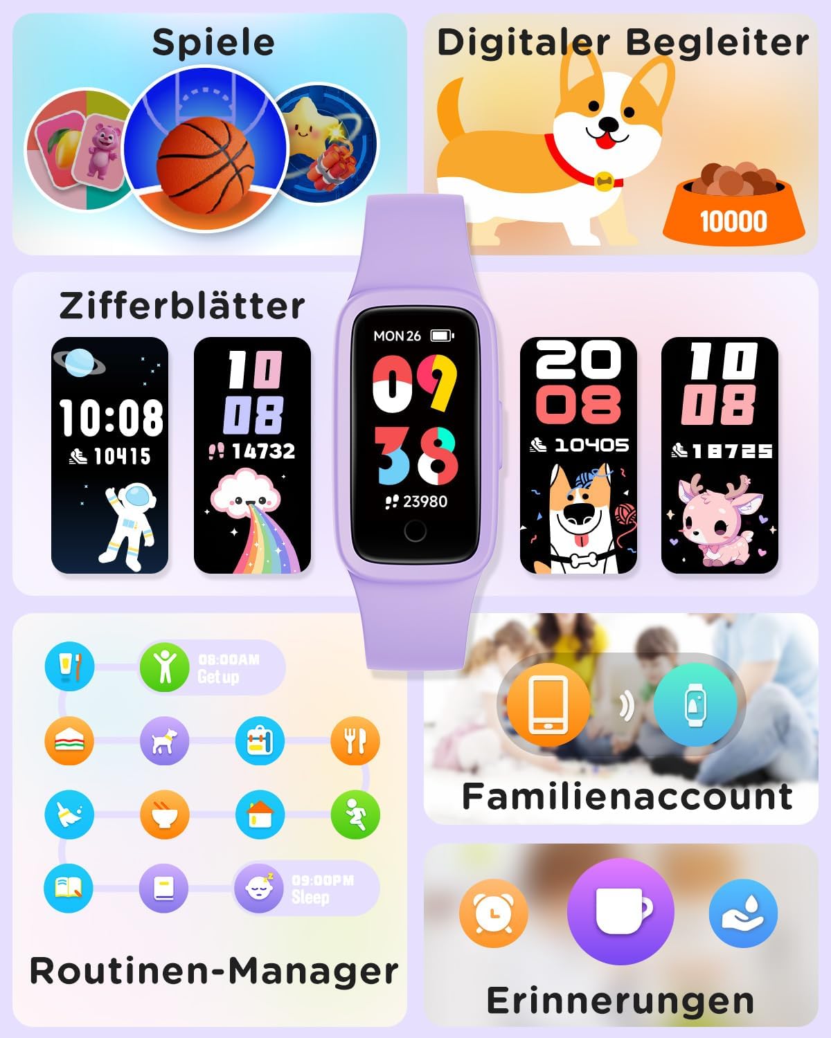 BIGGERFIVE Vigor 3 Kinder-Fitness-Armbanduhr mit AMOLED-Display ohne App und ohne Smartphone, 3ATM wasserdicht, Herzfrequenzmesser, Schlaftracker, Fitnessuhr, Sportuhr, Schrittzähler für Mädchen 5-12 Jahre, Lila – Bild 8