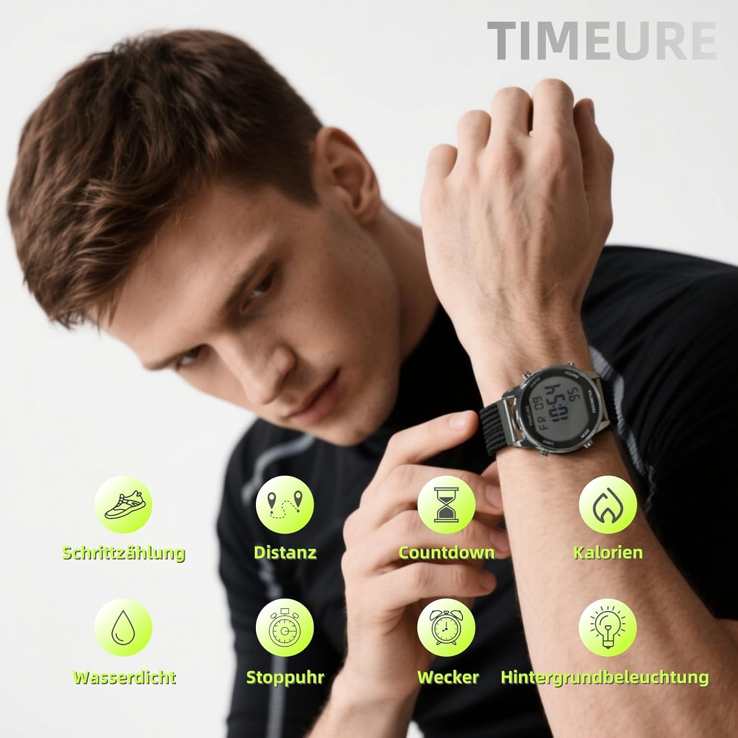 Schrittzähleruhr, modische Uhr, wasserdichte Uhr, großes digitales Display, einfacher Schrittzähler für Männer und Senioren, genauer Schrittzähler (grün) – Bild 2