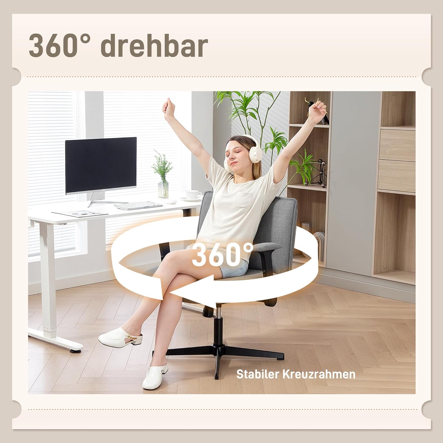 HOMCOM Bürostuhl, Schreibtischstuhl mit klappbaren Armlehnen, breite Sitzfläche, höhenverstellbar, maßgeschneiderter Sitz, Drehstuhl mit Leinenoptik, für Home Office, Grau – Bild 7