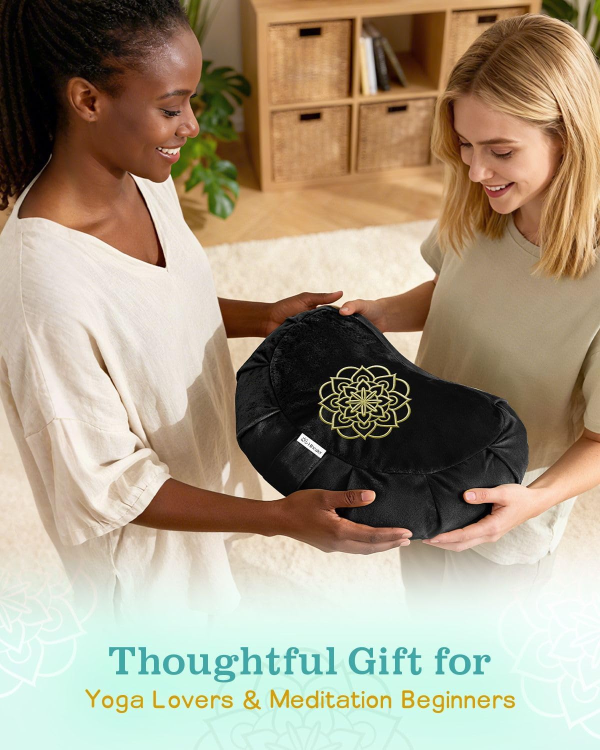 Hihealer Premium-Meditationskissen – bequemes Bodenkissen für Erwachsene, traditionelles Halbmond-Meditationskissen, Yoga, Buchweizen-Nackenrolle (schwarz) – Bild 7