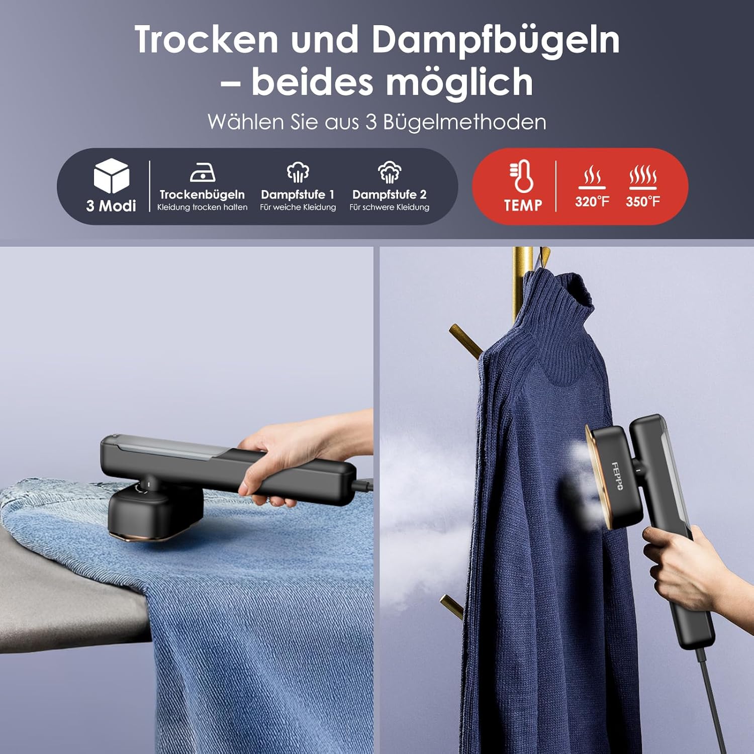 FEPPO Steamer Dampfglätter, 110–240 V Dual-Voltage-Reisedampfer, 2-in-1 tragbarer Handdampfer und Dampfbügeleisen, 15 Sekunden schnelles Aufheizen, 1100 W Dampfbürste für weltweite Reisen und Urlaub – Bild 3
