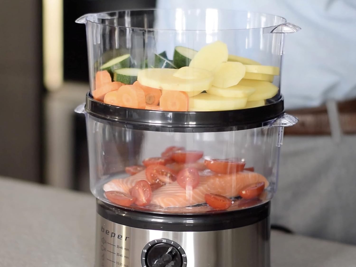 Beper – 5 l Multifunktions-Dampfgarer, kompakte Aufbewahrung, 60-Minuten-Timer, Leistung 400–500 W, – Silber und Schwarz – Bild 9