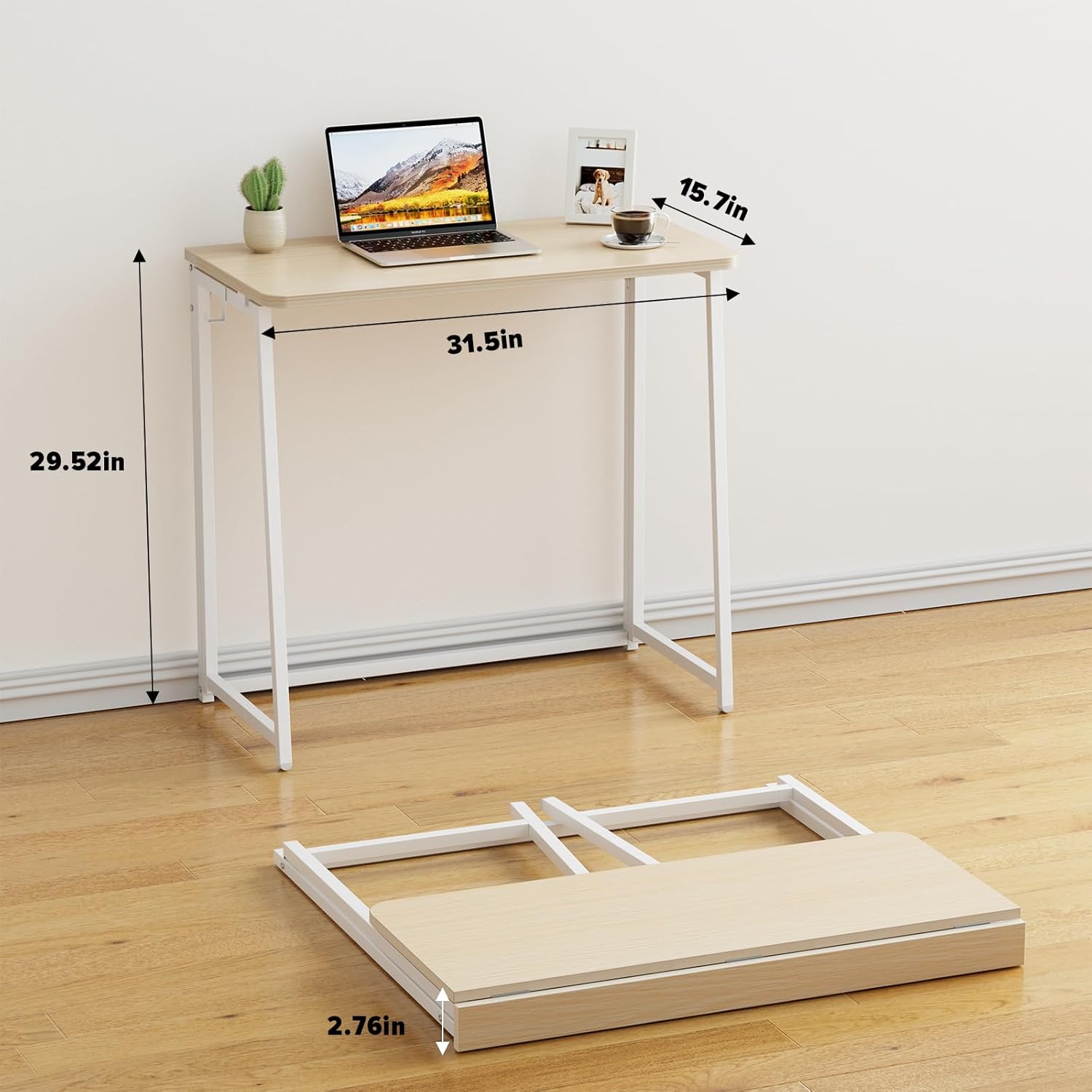 WOHOMO Kleiner Klappschreibtisch, 80 cm, Klappschreibtisch, kleiner Klapptisch, kleiner Computertisch für kleine Räume, Home-Office-Schreibtisch, schmal, Beige – Bild 2