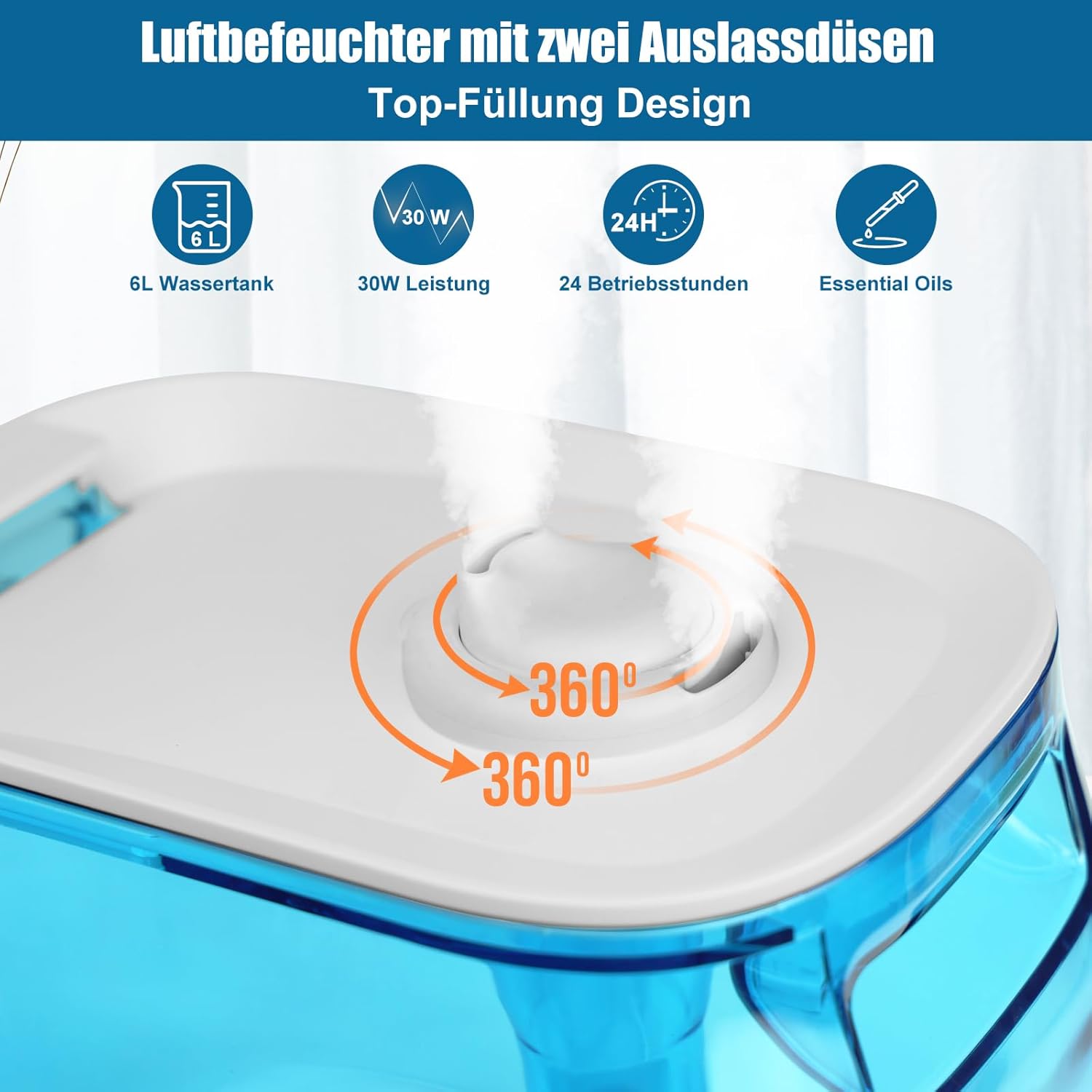 Bear Luftbefeuchter 6L Top Fill Luftbefeuchter, Timer, Schlafmodus, konstante Luftfeuchtigkeit, Aromascheibe, 360° drehbare Doppeldüse, 28 dB Ultra Silent, geeignet für Babys und Pflanzen – Bild 3