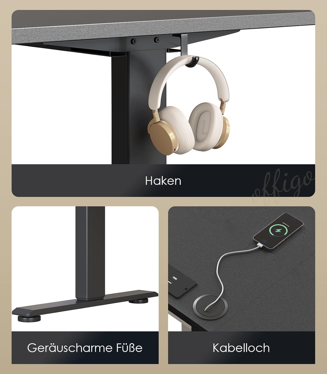 OffiGo höhenverstellbarer Schreibtisch, 200 x 80 cm, elektrischer Schreibtisch mit Steckdosen und USB-Ladeanschluss, Tisch höhenverstellbar mit 2 Memory-Funktionen, Computertisch für Büro, Zuhause, schwarz – Bild 7