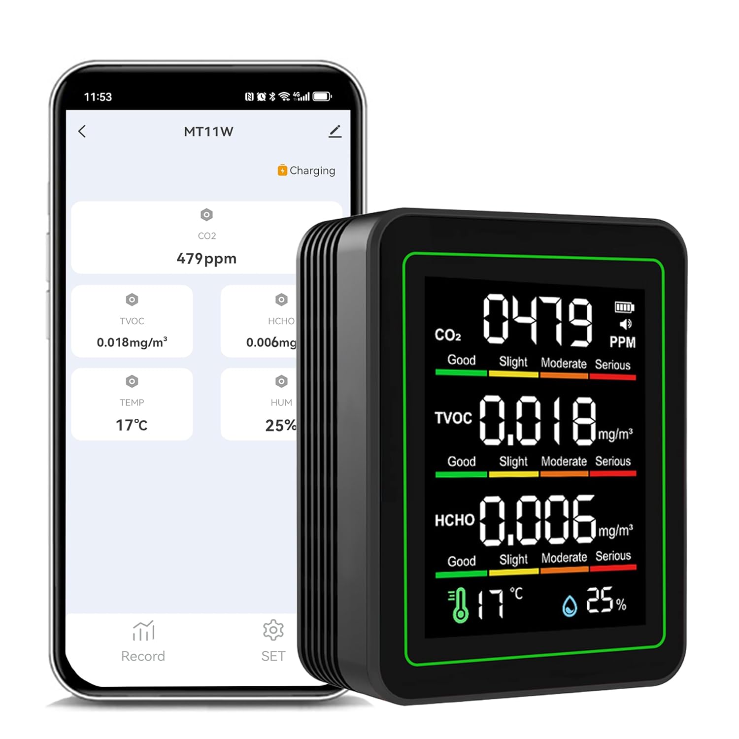WiFi-Luftqualitätsmonitor: Intelligentes Luftqualitätsmessgerät erkennt CO2, TVOC, HCHO, Temperatur, Luftfeuchtigkeit, CO2-Detektor für Zuhause, App-Fernbedienung, Thermometer kompatibel mit Alexa