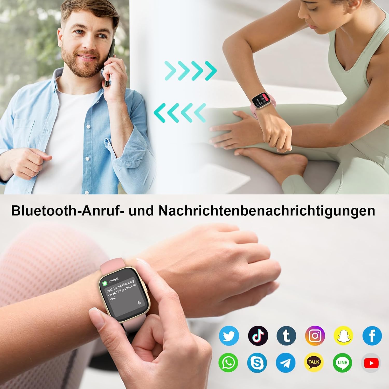 Smartwatch Damen Herren, 1,85 Zoll Touchscreen Smartwatch mit Anrufen, 112 Sportmodi, Fitnessuhren mit Herzfrequenzmesser/Schlafmonitor/Schrittzähler, IP68 wasserdichte Sportuhren für Android, Pink – Bild 2