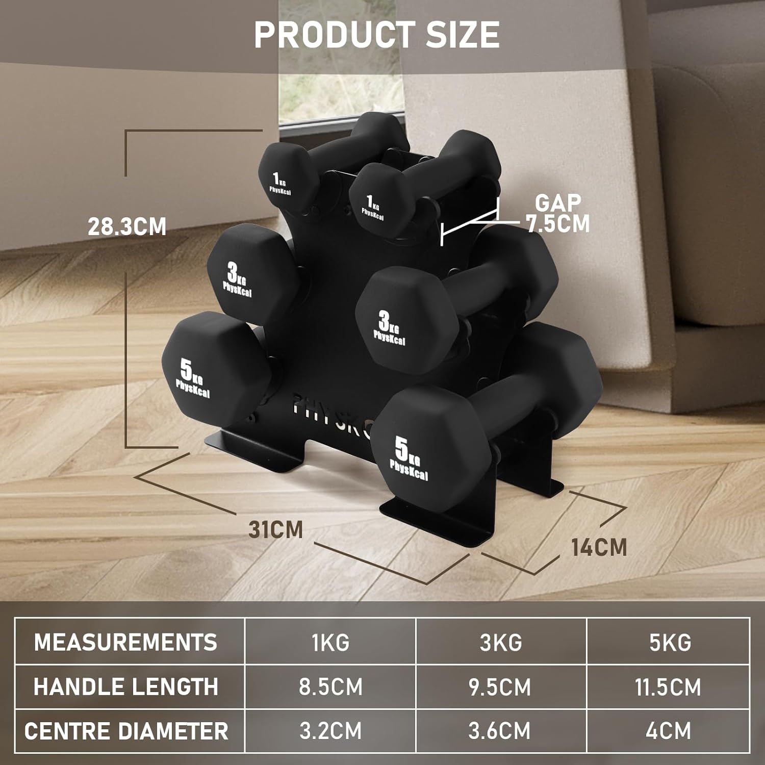 PhysKcal Hantel-Set, Hantel-Set und Aufbewahrungsständer für Heimtraining, Fitnessstudio – Bild 7