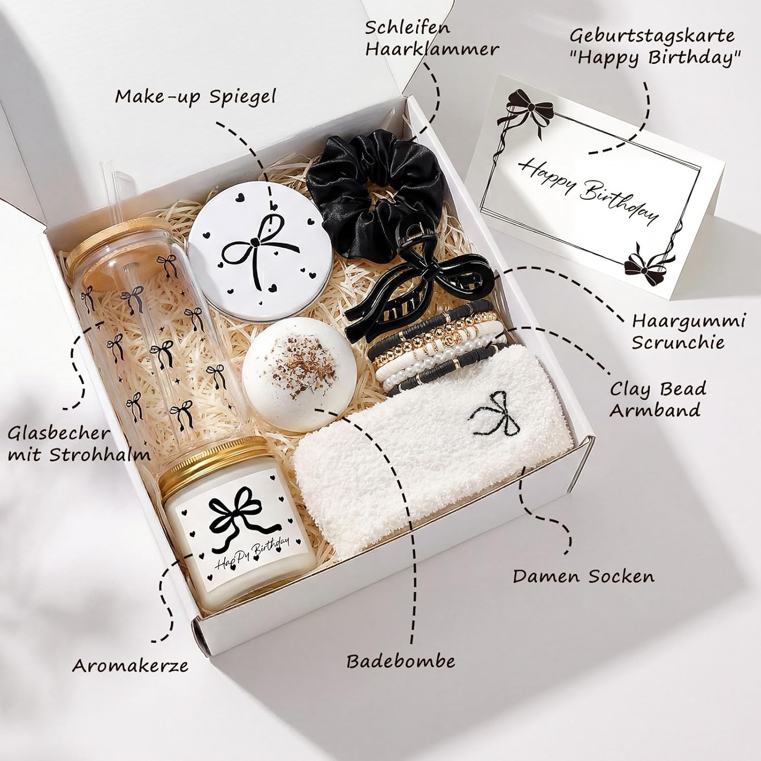 Giftota Elegantes Geburtstagsgeschenk für Frauen – Geschenkbox mit schwarzen Schleifen als exklusives Wellness-Geschenkset mit Duftkerze, Badebombe und stilvollen Beauty-Accessoires – Bild 2