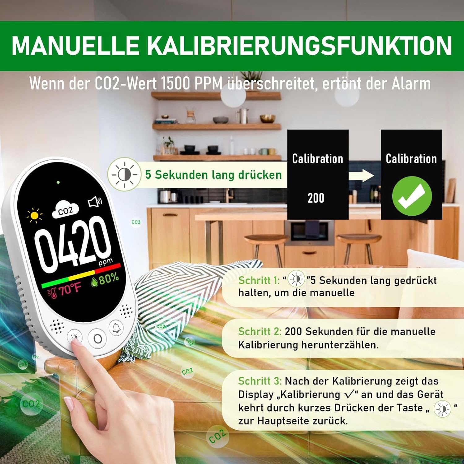 LSENLTY Kohlendioxid-Messgerät, 3-in-1-CO2-Messgerät (Temperatur, Luftfeuchtigkeit und CO2-Wert), hochpräzises CO2-Detektormessgerät, Luftqualitätstester mit Alarmfunktion und manueller Kalibrierung – Bild 6