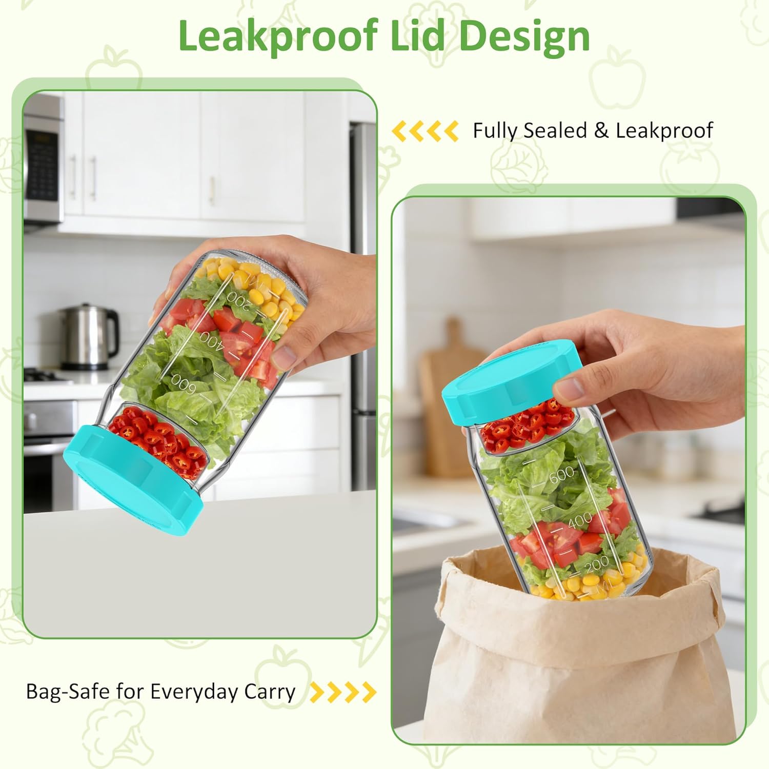 Meal-Prep-Gläser mit Deckel-Set, 4 x 950 ml Einmachgläser, auslaufsicherer/vertikal geschichteter Meal-Prep-Behälter, ideal zum Mitnehmen, für Salate, Marmelade, Overnight Oats und zum Öffnen von Fertiggerichten – Bild 5