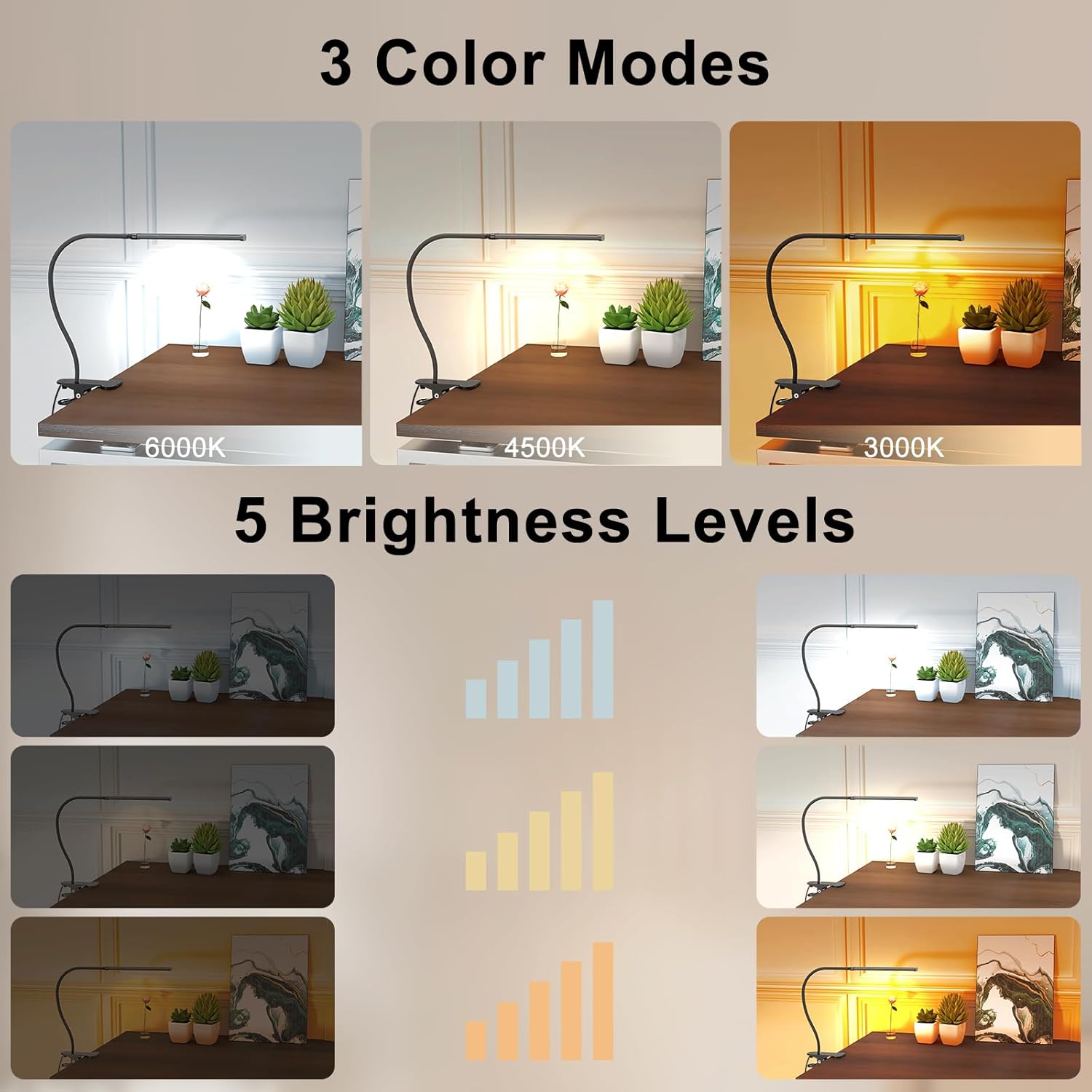 Mojimdo Schreibtischlampe 77 LED mit Fernbedienung (beeindruckende Lichtleistung) 40 cm Klemmlampe, 3 Farben & 5 Helligkeitsstufen, 360° flexibel mit USB-Ladegerät – Bild 2