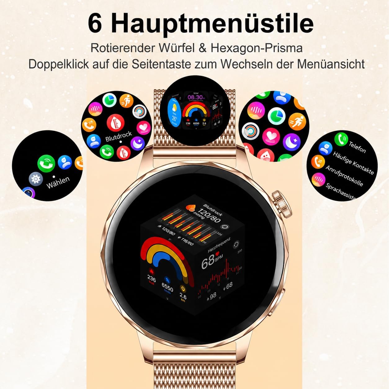 Efolen Damen Runde Smartwatch 1,27 Zoll HD Smartwatch mit Telefonfunktion, 120+ Sportmodi, IP68 wasserdichte Fitnessuhr mit Herzfrequenz-SpO2-Schlafmonitor, Fitness-Tracker für Android iOS Roségold – Bild 7