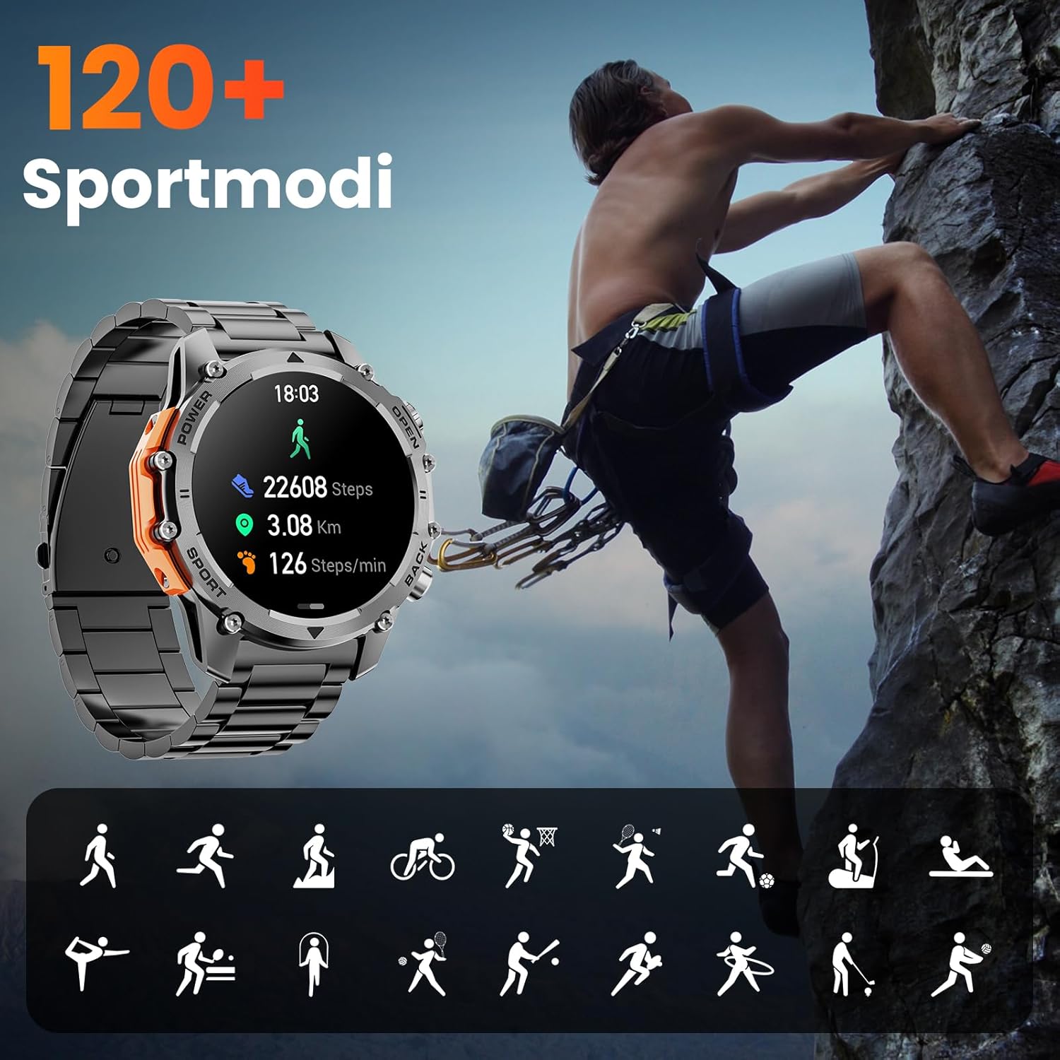Herren Smartwatch 1,52 Zoll HD Smart Watch mit 500 mAh langer Akkulaufzeit, 114+ Sportmodi, Fitnessuhr im Militärstil mit Herzfrequenz/Schrittzähler/Schlafmonitor/Taschenlampe, Android iOS Herrenuhren – Bild 7