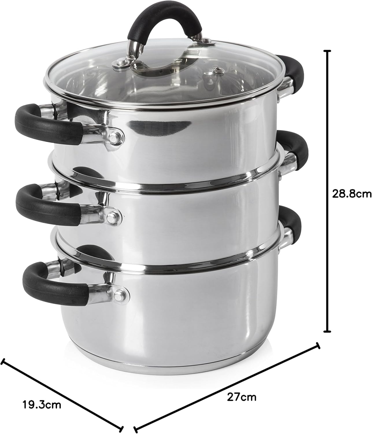Tower T80836 Essentials Induktions-Dampfgarer, 3-lagig, mit Glasdeckel und Silikongriffen, Kartoffeldämpfer aus Edelstahl mit polierter Hochglanzoberfläche, 18 cm, Silber – Bild 9