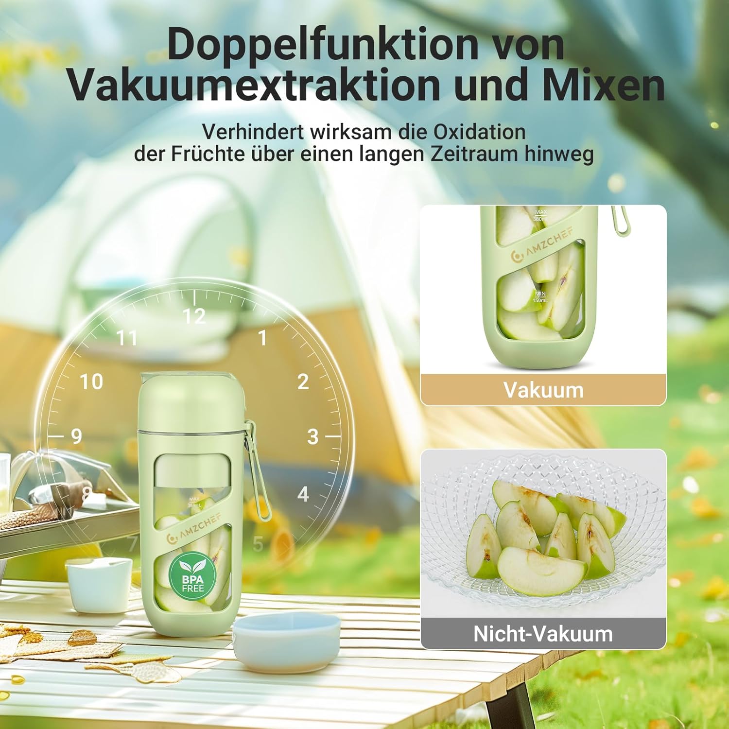 AMZCHEF Smoothie Maker To Go – Antioxidativer Vakuum-Flaschenmixer mit 10 Klingen für frischen Saft, Smoothie und Shake – tragbarer Mini-Mixer für Sport, Reisen – Grün – Bild 3