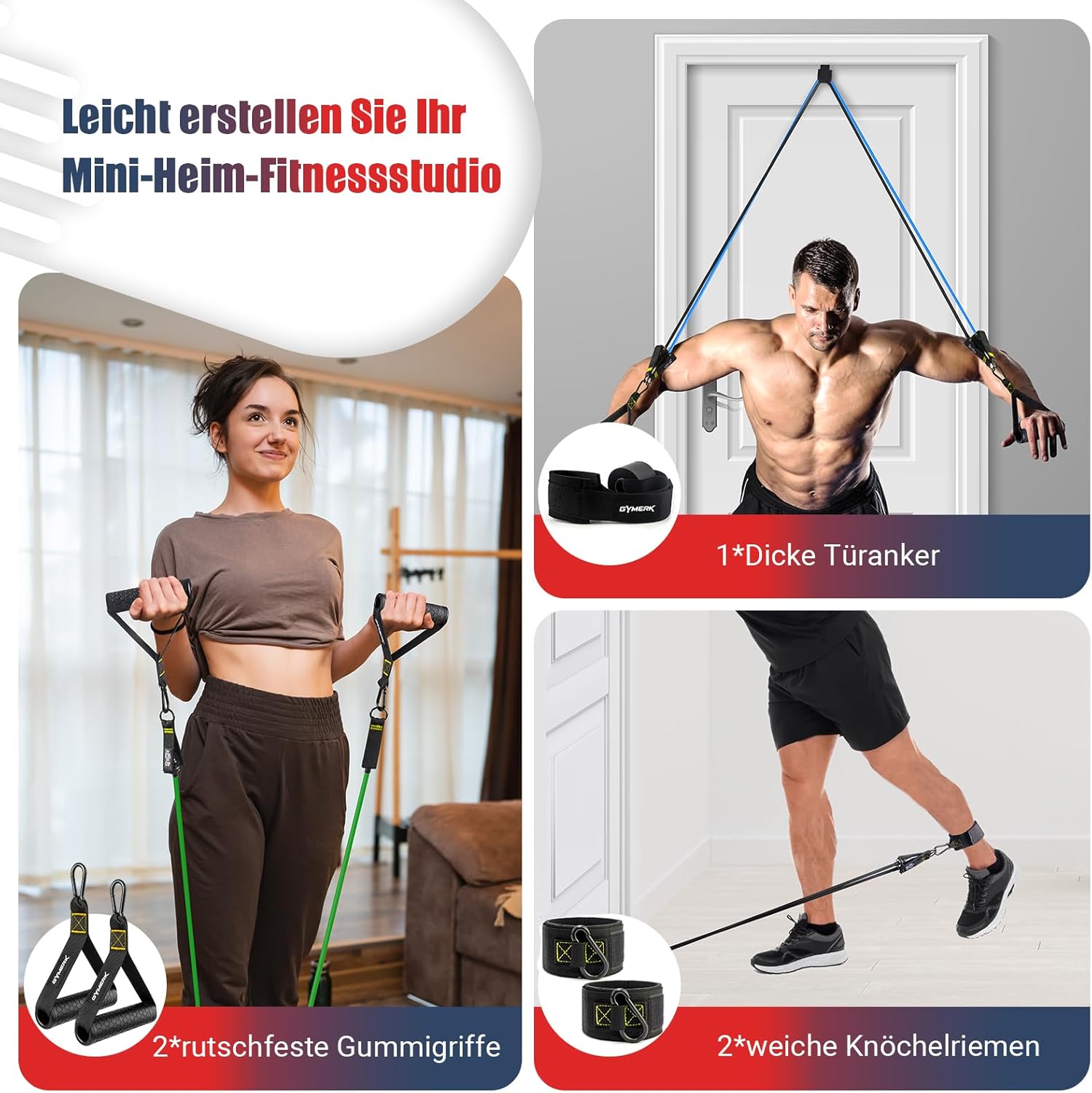 GYMERK Resistance Bands Set, Expander Fitness Mit Gummigriffe, Trainingsplakat, Knöchelriemen, Türanker, Tragtasche, 5er Verschiedene Widerstandsstufen Ideal für Krafttraining – Bild 6