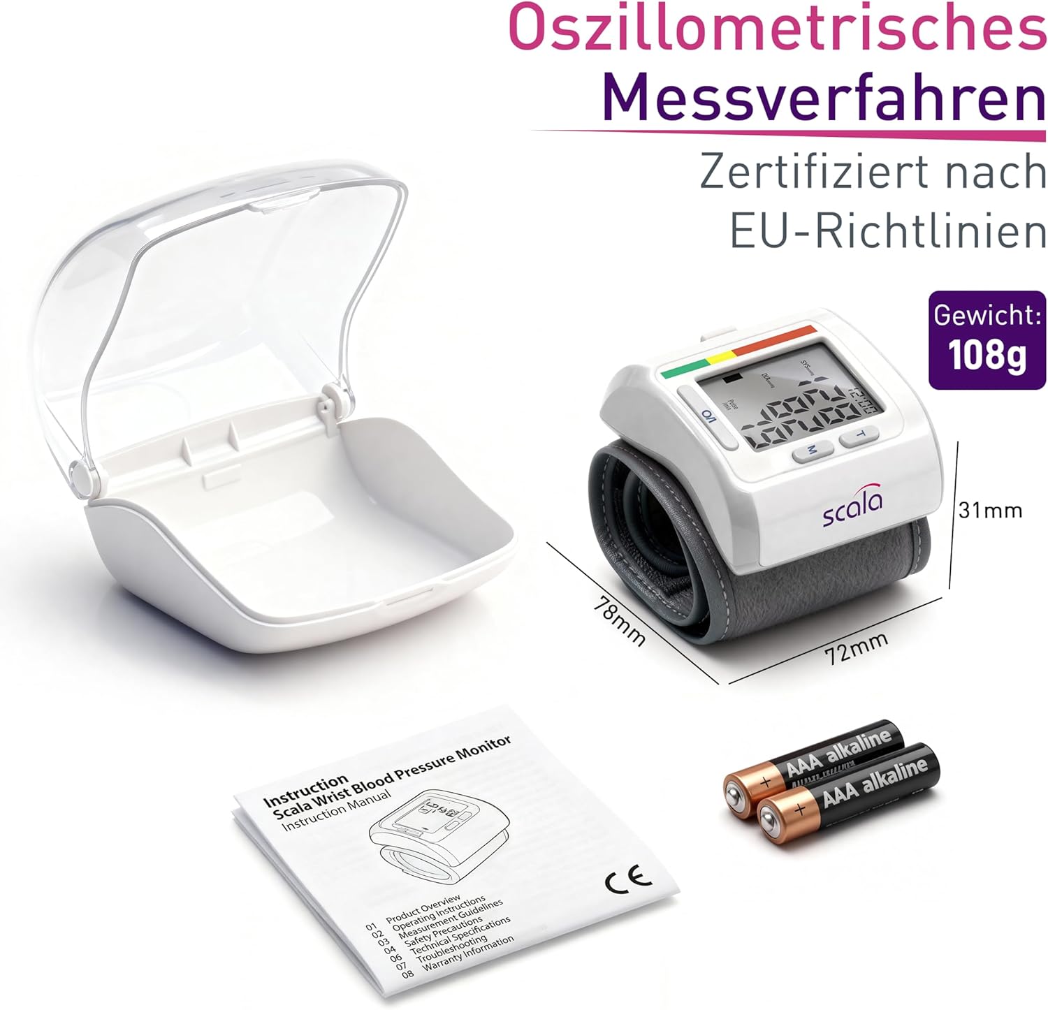 scala SC 6400 Silver Handgelenk-Blutdruckmessgerät – Präzises Blutdruckmessgerät mit WHO-Anzeige & 85 Speicherplätzen – Fuzzy-Logic-Technologie – inklusive Box & Batterien – Manschette 13,5–19,5 cm – Bild 7