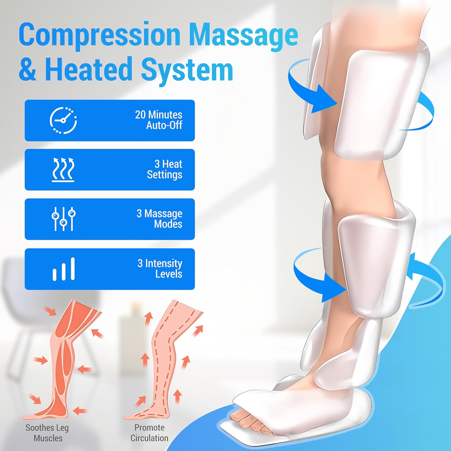 COMFIER Beinmassagegerät, Kompressions-Waden-Knie-Fuß-Wärmemassagegerät für Durchblutung und Muskelentspannung, 3 Wärmeeinstellungen und 3 Intensitäten, Geschenke – Bild 2