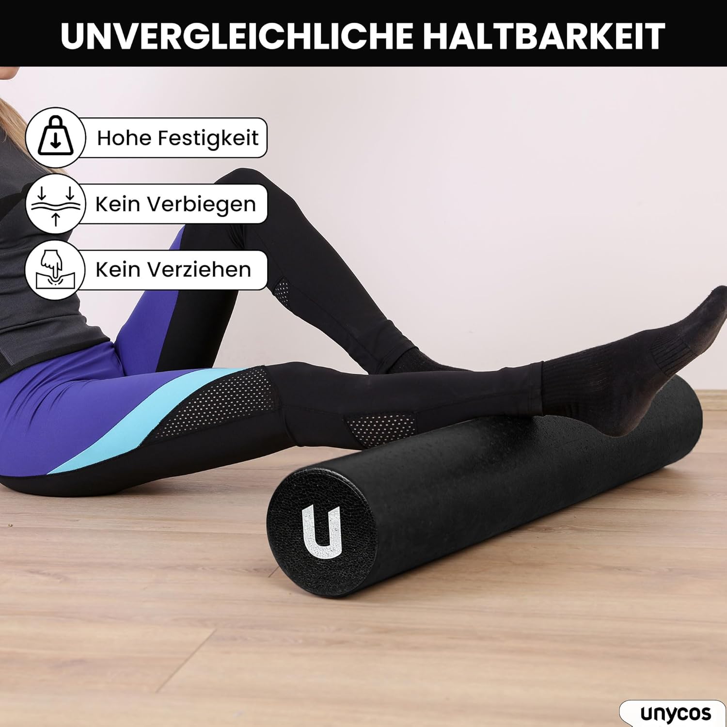 unycos – EPP-Massagerolle, leichte Schaumstoffrolle, Länge 90 cm, Durchmesser 15 cm, Zylinder für Triggerpunkt-Entlastung, Fitness, Pilates, Yoga, Fitnessstudio, Physiotherapie und Entspannung (schwarz) – Bild 3