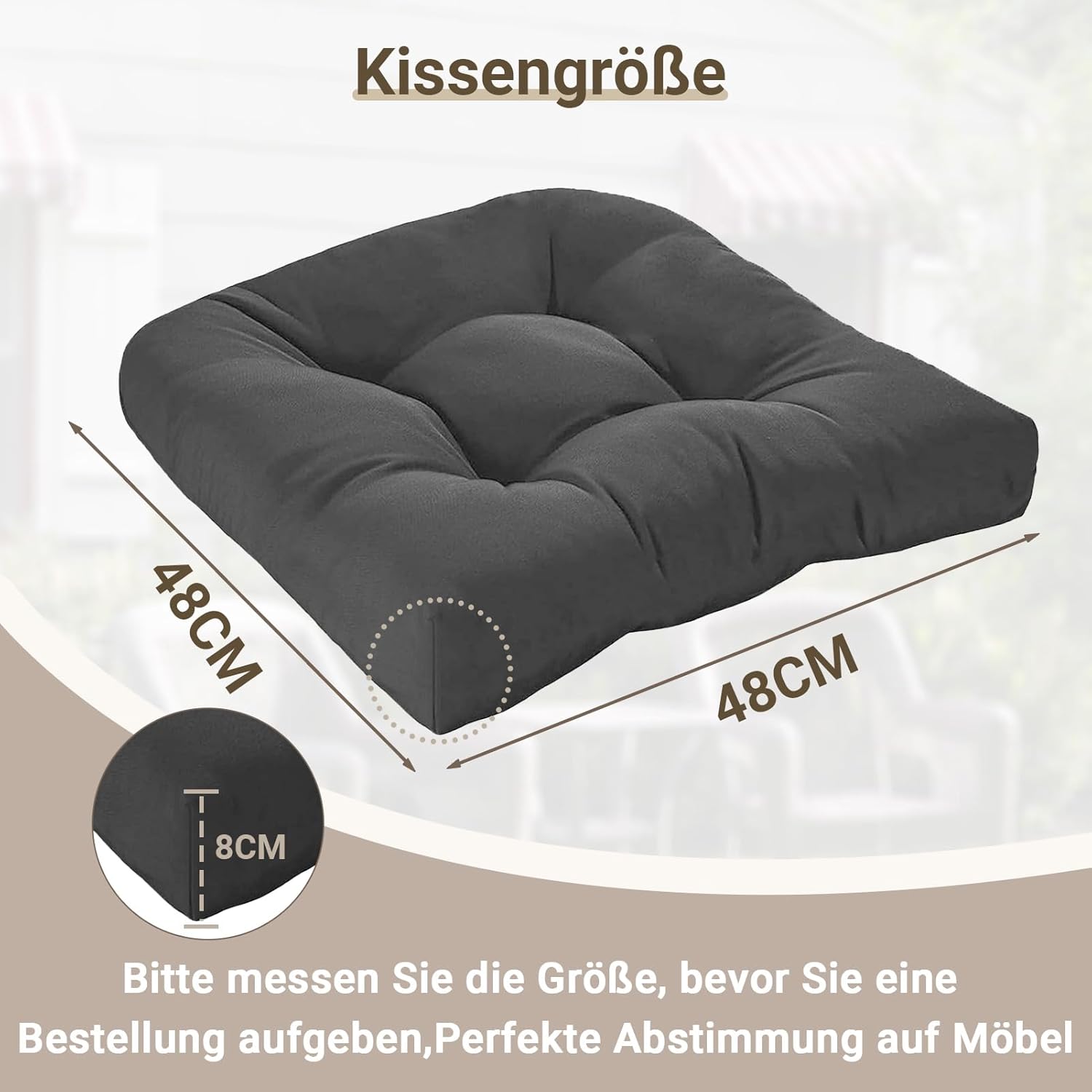 Outdoor-Stuhlauflagen für Balkon, Sitzkissen, halbrund, 48 x 48 cm, wasserdicht, Niederlehner, 2er-Set, modern, dick, mit Bändern für Büro, Gartenstühle und Rattanstuhl (dunkel). – Bild 3