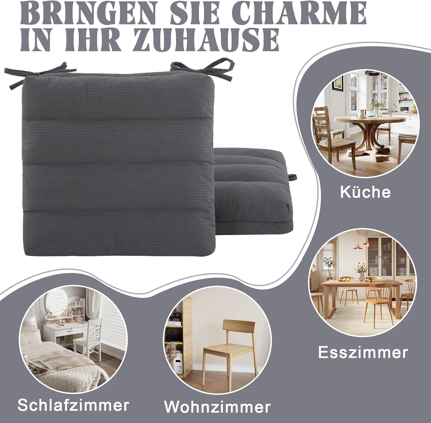 Dickes Sitzkissen-Set mit 2 Kordeln – Stuhlkissen mit rutschfester Unterseite und Bändern, Stuhlkissen für Esszimmerstuhl, Küchenstuhl und Büro, doppellagige Polsterung für Komfort – Bild 6