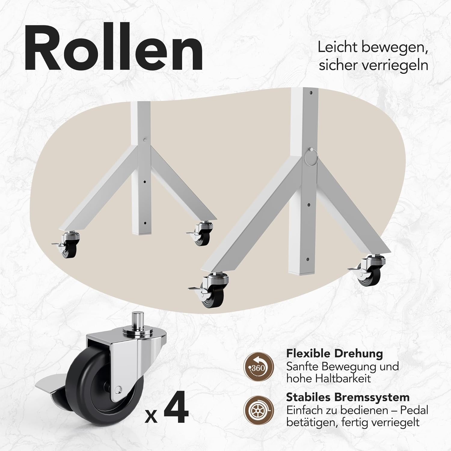 HUANUO Höhenverstellbarer Schreibtisch mit Rollen, 6 Höheneinstellungen bis 118 cm, mobiler Computertisch mit dreieckigen Beinen, sanfte Mobilität mit feststellbaren Rollen – Bild 6