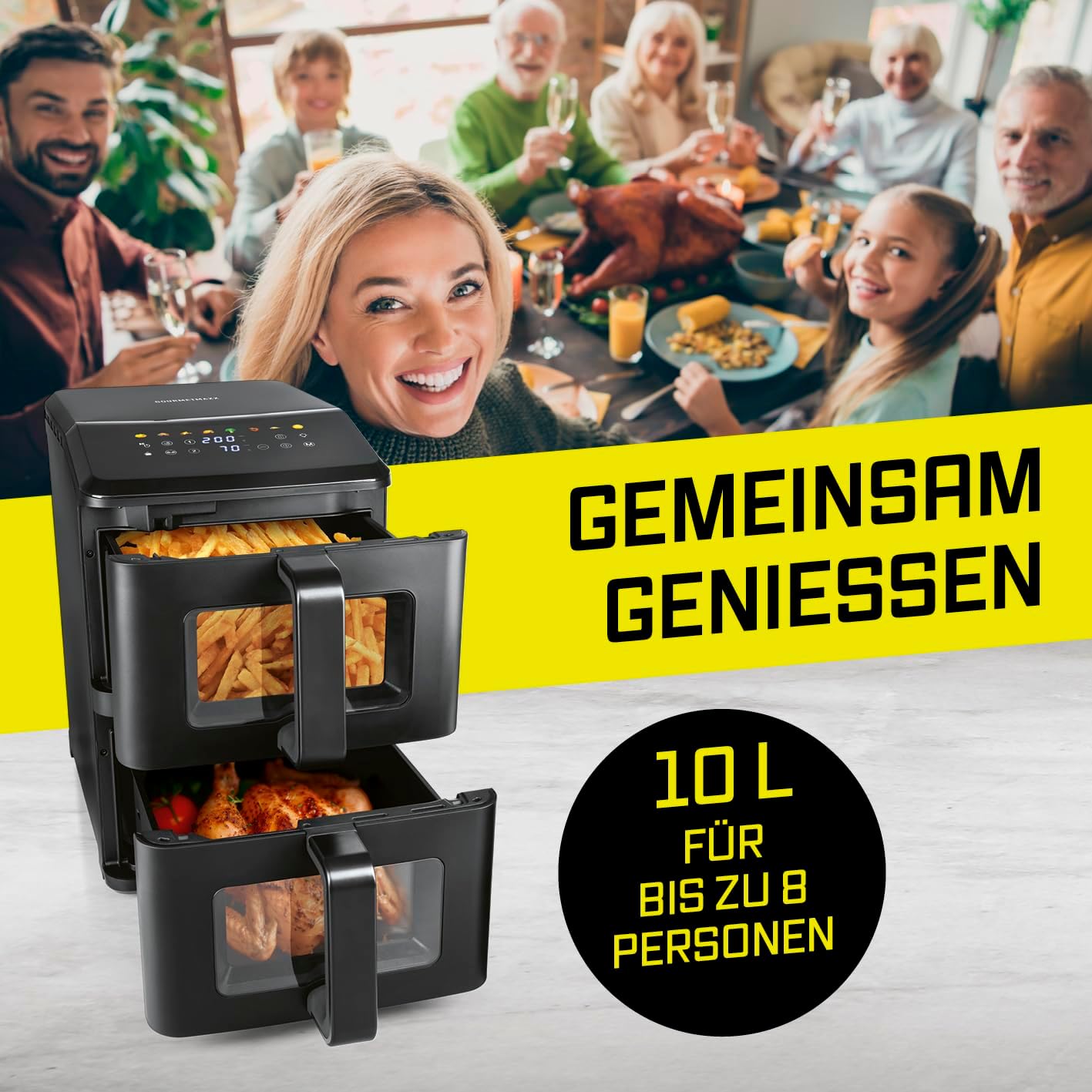 GOURMETmaxx FryUp Vertikale Doppelkammer-Heißluftfritteuse mit Sichtfenster – 10 l | Airfryer mit 9,8 Zoll mehrfarbigem LED-Touch-Display und 11 Programmen | Heißluftfritteuse 2 Kammern mit Oberhitze – Bild 8