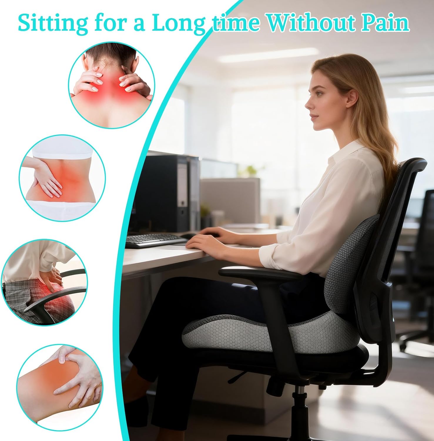 Suewidfay 2-in-1 Sitzkissen und Rückenkissen-Set, ergonomisches Memory-Schaum-Lendenkissen und Sitzkissen Stuhl, Sitzkissen Auto, für Bürostuhl, Autositz, Rollstuhl, Büro, Auto – Bild 3