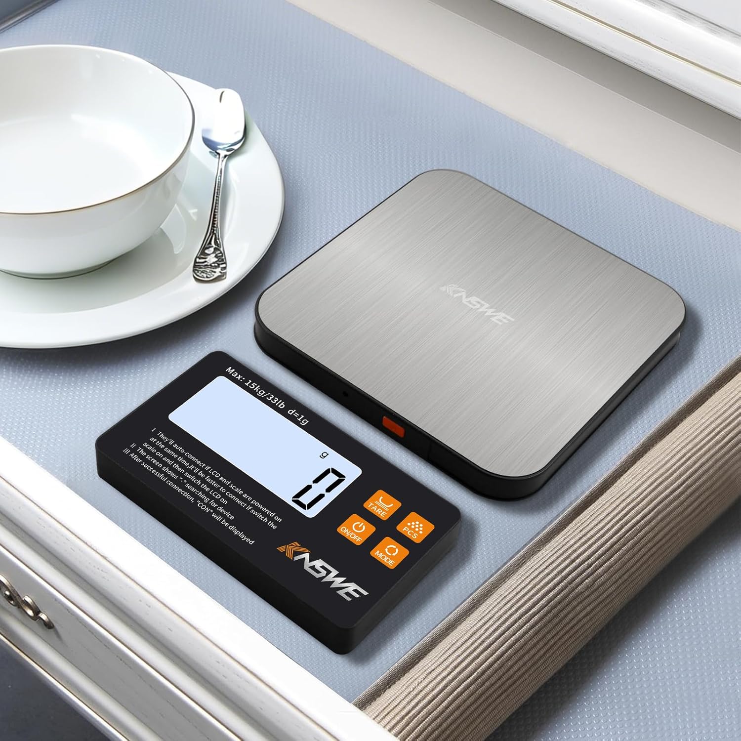 Digitale Küchenwaage mit kabellosem geteiltem LCD-Display, 1 g/15 kg, genaue Präzisionswaage, Küche, Lebensmittelwaage aus Edelstahl 304, Tarafunktion, 7 Einheiten, digitale Waage, Gramm zum Backen, Kochen von Lebensmitteln – Bild 5