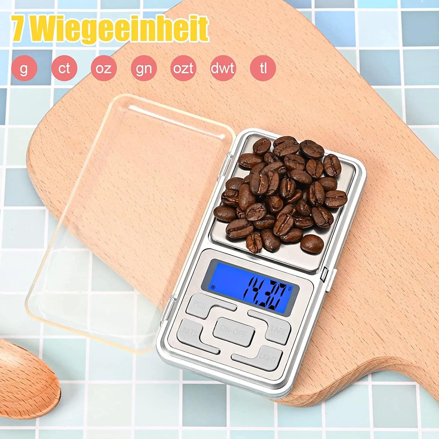 Fousenuk Taschenwaage, Lebensmittelwaage, Edelstahl-Haushaltswaage mit LCD-Display und Tara-Funktion, digitale Küchenwaage, hohe Präzision 500 g/0,01 g, für Kaffee, Lebensmittel, Schmuck – Bild 3