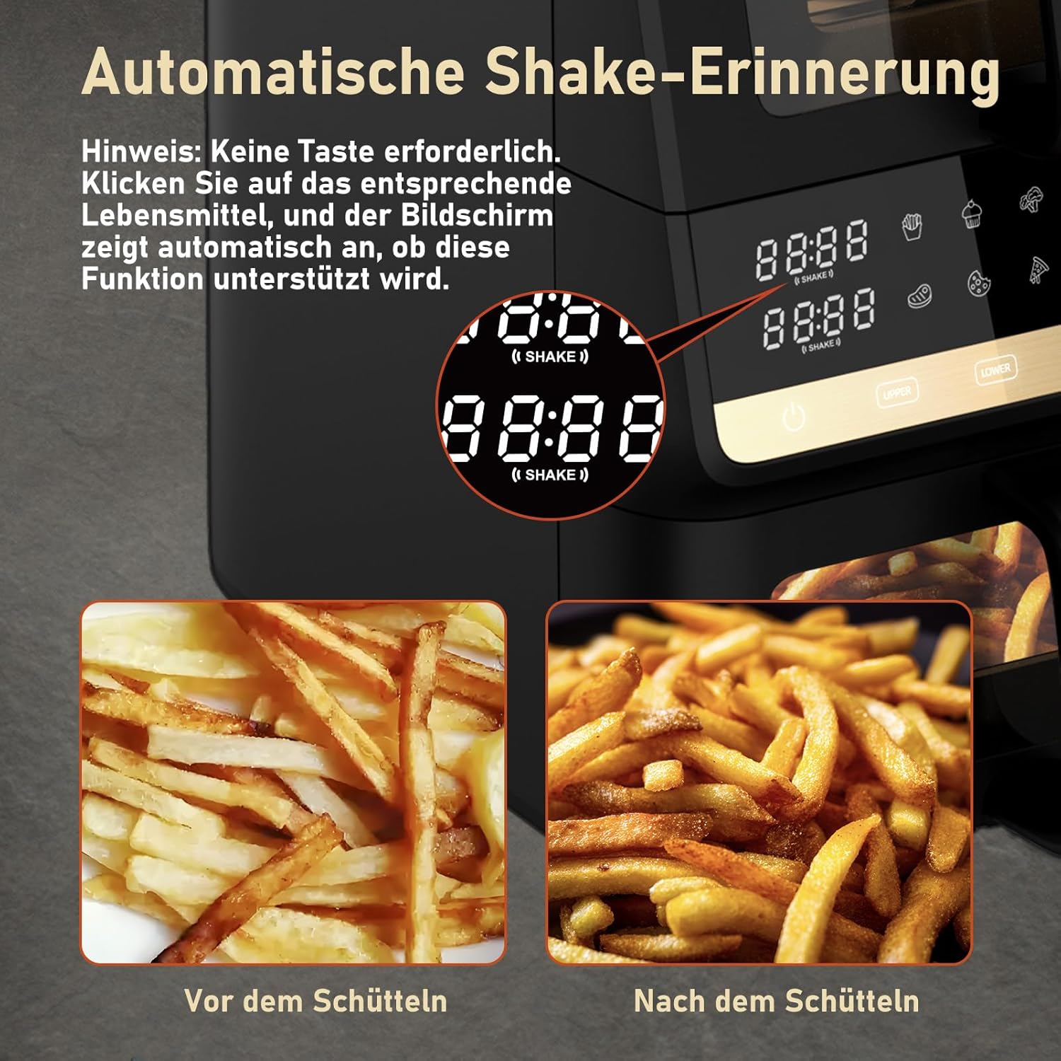 Heißluftfritteuse 2 Kammern, Airfryer 10L mit Sichtfenster & Innenbeleuchtung, Heißluftfritteuse Vertikale Doppelkammer für platzsparendes Familienkochen, SYNC-Funktion, 80-200°C, 3,5L+6,5L 10-in-1 – Bild 6