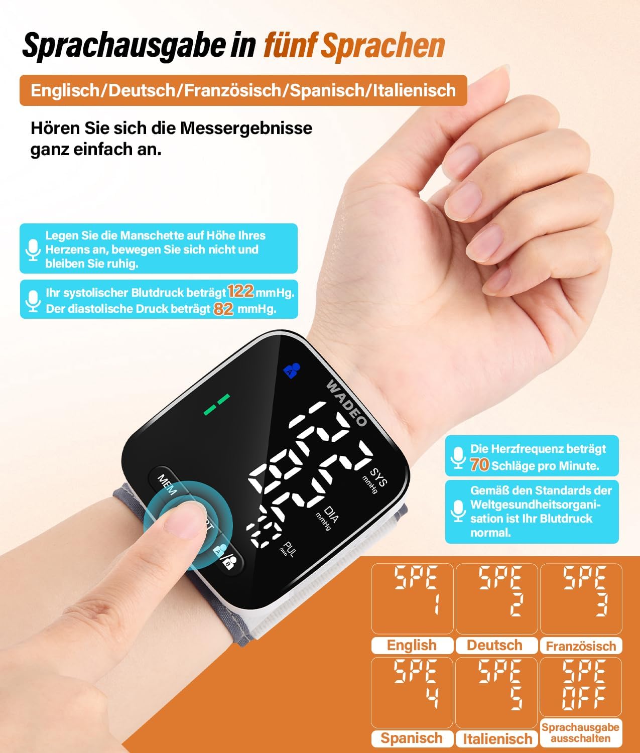 WADEO Digitales Handgelenk-Blutdruckmessgerät, 5-Sprachen-Eingabeaufforderung, Arrhythmie-Erkennung, tragbares Blutdruckmessgerät für Zuhause und unterwegs, 2 x 99 Speicher, mit Batterien und Aufbewahrungsbox – Bild 4