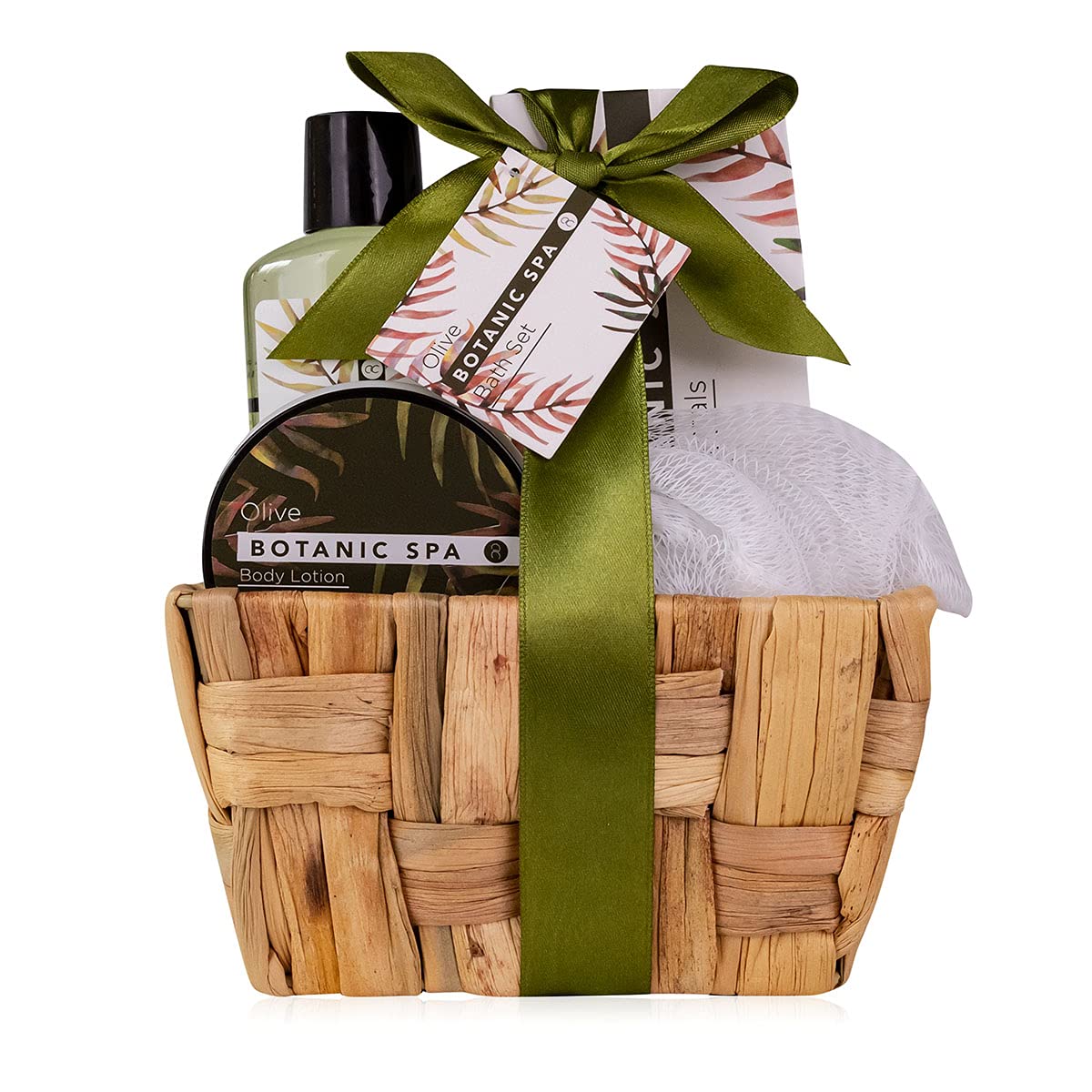 Accentra Olive Spa Badeset, Pflegeset für Damen mit 150 ml Duschgel, 60 ml Körperlotion, 150 g Badesalz und 10 g Netzschwamm im Seegraskorb, Wellness-Geschenkset für Geburtstag und Muttertag