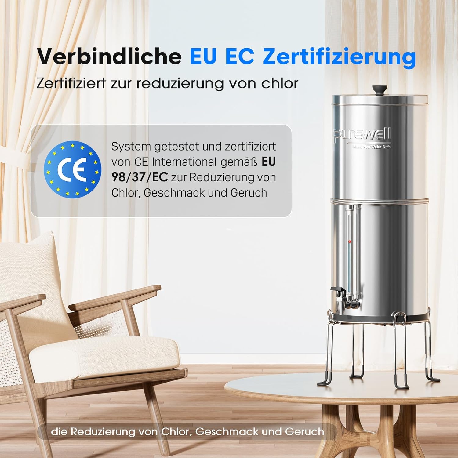 Purewell Schwerkraft-Wasserfilter 8,5 l – Edelstahlbehälter mit 4 Filtern (Aktivkohle/Fluorid) mit transparentem Wasserhahn – entfernt 99 % Fluorid, Chlor und Metalle – stromlos – Bild 2