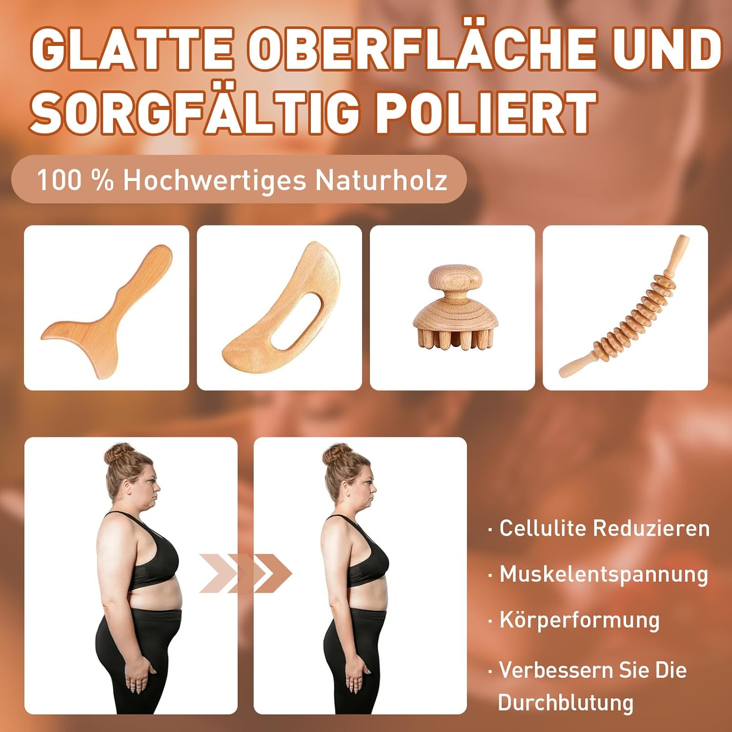 Faszienrolle Holz-Massagerolle mit Griff, Lymphdrainage Cellulite-Massagegerät, 4 Stück Maderotherapie-Holz für Rücken, Nacken, Beine & Lymphdrainage, Massagerolle zur Muskelentspannung – Bild 5