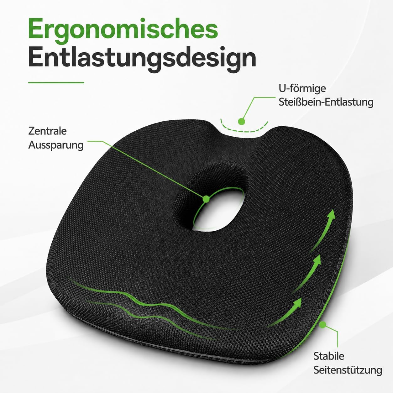 Sitzkissen, ergonomisches orthopädisches Memory-Schaum-Stuhlkissen mit U-förmiger Steißbeinentlastung, druckentlastend für Bürostuhl, Auto, Rollstuhl, Zuhause, rutschfest, waschbar, Schwarz – Bild 7
