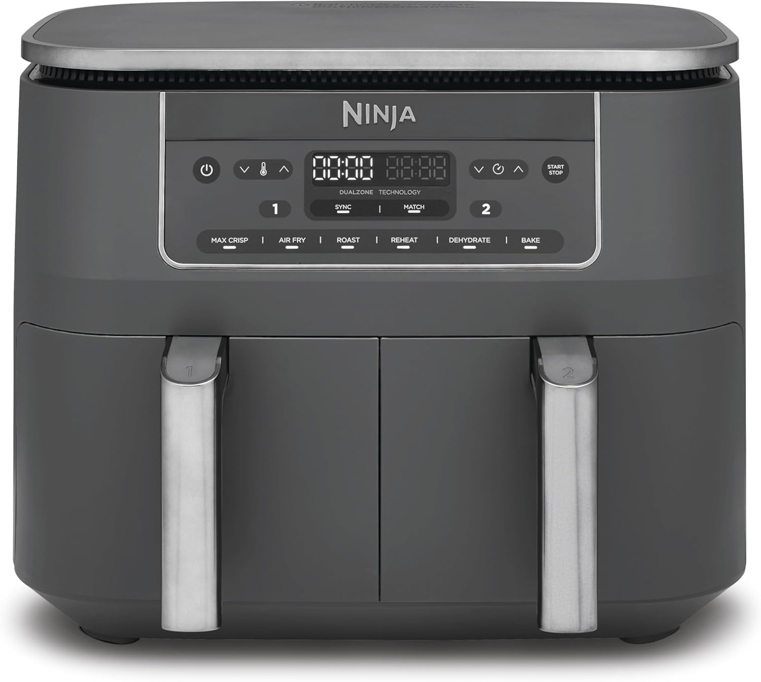 Digitale Heißluftfritteuse mit zwei Zonen von Ninja, 2 Schubladen, 6-in-1, ölfreie Heißluftfritteuse, 7,6 l, Heißluftfritteuse, maximale Knusprigkeit, Braten, Backen, Aufwärmen, spülmaschinenfeste Körbe, Metallic-Grau DZ300EU